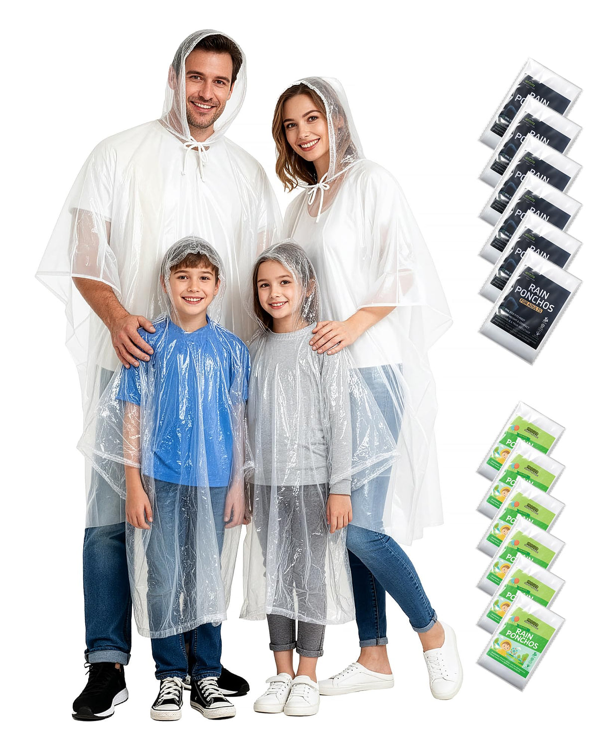 Hitituto Rain Ponchos Family Pack Kids– 6/12/24 Pack Disposable Poncho with Hood, Clear & Assorted Colors, Home Survival Kits