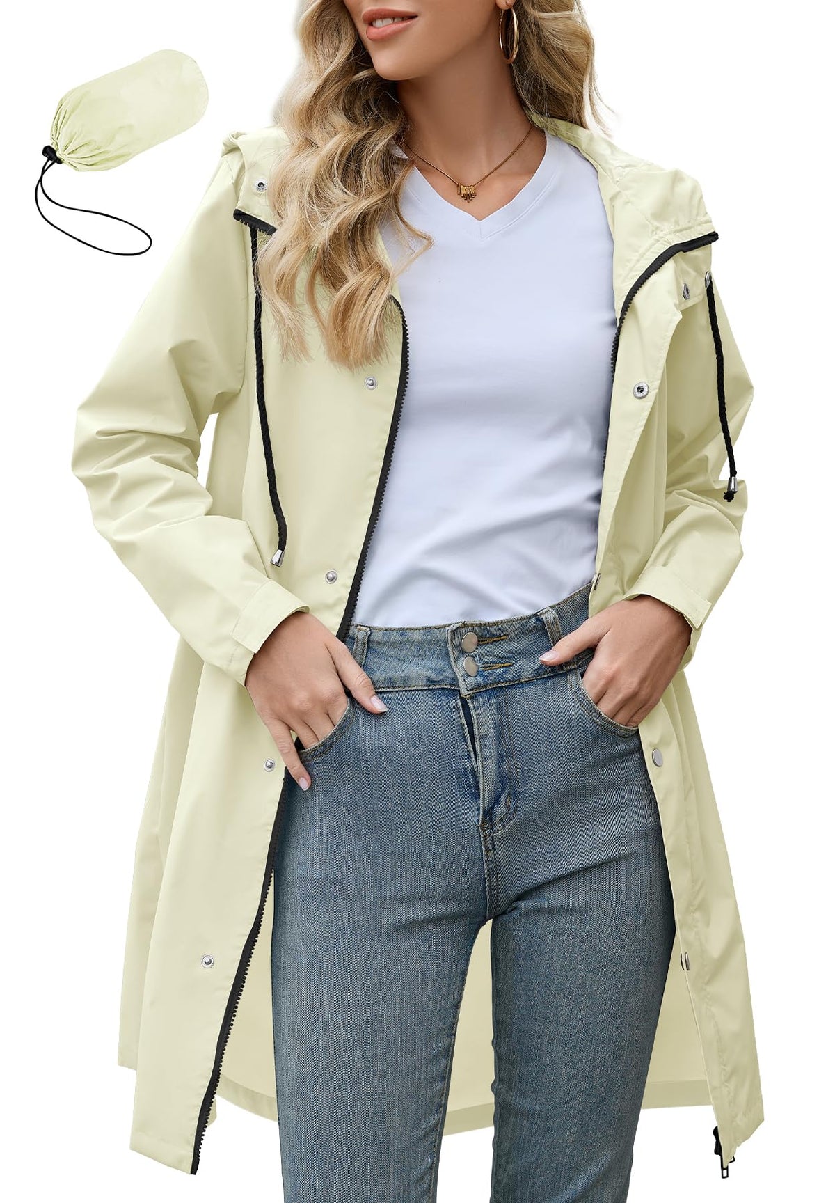 Zando Long Packable Rain Jacket Women Waterproof Raincoat with Hood | Relaxed-Fit Lightweight Windbreaker for Women; Travel Rain Coats for Commute, Hiking, Cruise, and Daily wear
