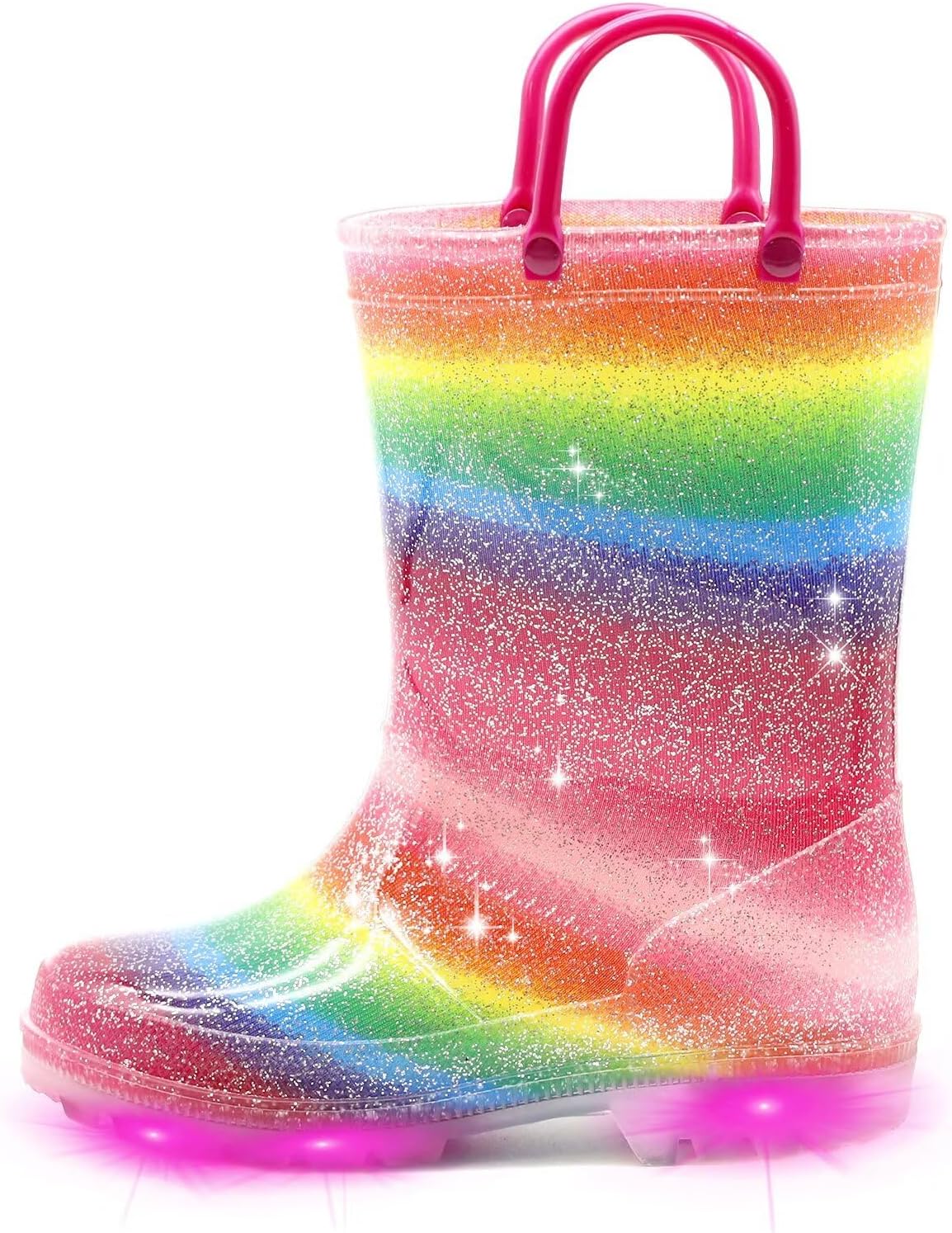 EUXTERPA Toddler Kids Light-Up Rain Boots | Waterproof, Glitter, Cartoon Pattern, Easy-On Handles, LED Flashing Non-Slip Sole, Puddle Play, Outdoor, Children Girls Boys