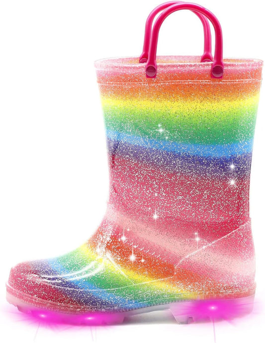 EUXTERPA Toddler Kids Light-Up Rain Boots | Waterproof, Glitter, Cartoon Pattern, Easy-On Handles, LED Flashing Non-Slip Sole, Puddle Play, Outdoor, Children Girls Boys