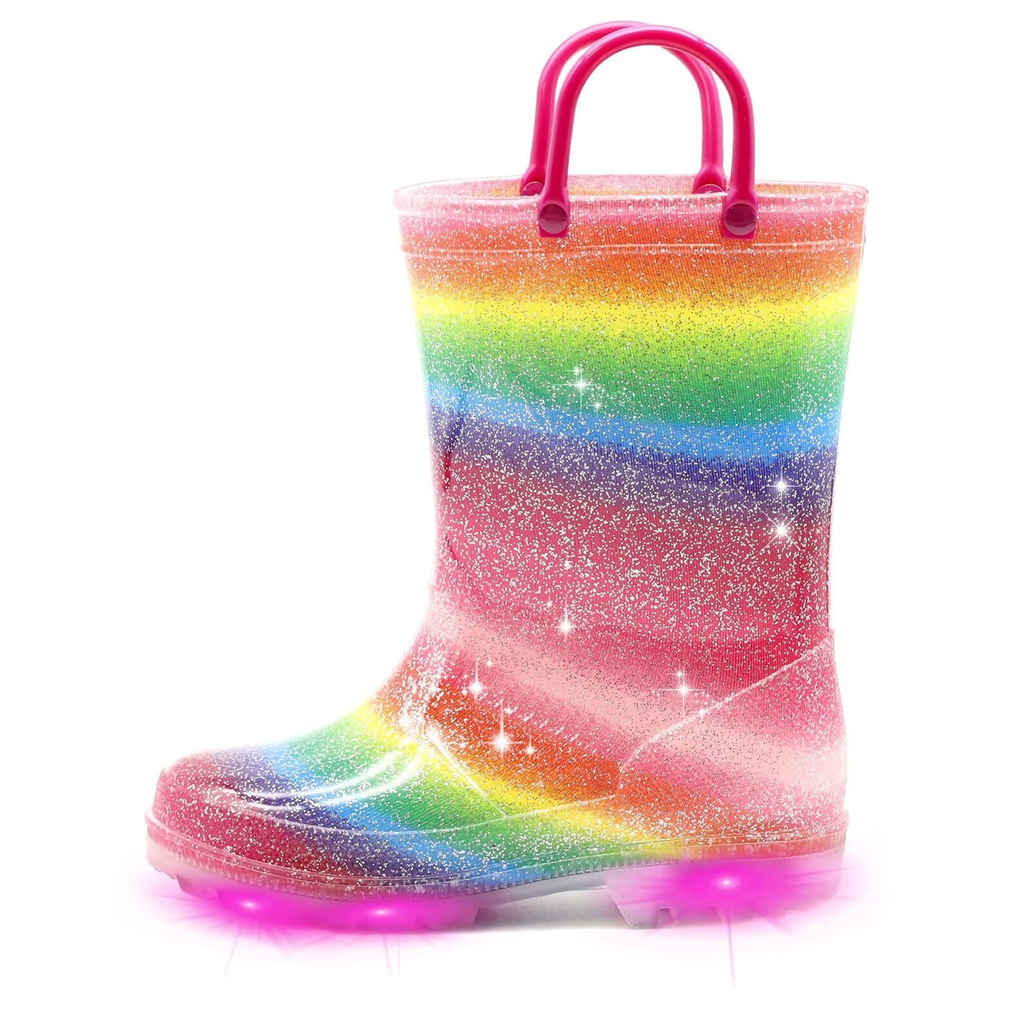 EUXTERPA Toddler Kids Light-Up Rain Boots | Waterproof, Glitter, Cartoon Pattern, Easy-On Handles, LED Flashing Non-Slip Sole, Puddle Play, Outdoor, Children Girls Boys