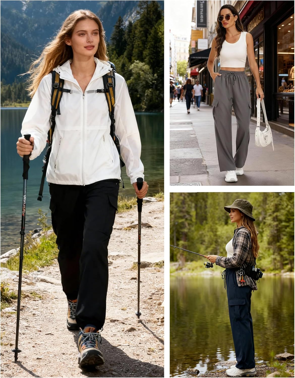 Lzzidou Womens Hiking Pants Water Resistant Parachute Cargo Pants 4 Pockets | Baggy Joggers, Quick Dry, Lightweight, High Waist, Adjustable Cuffs for Camping, Fishing and Outdoor Wear