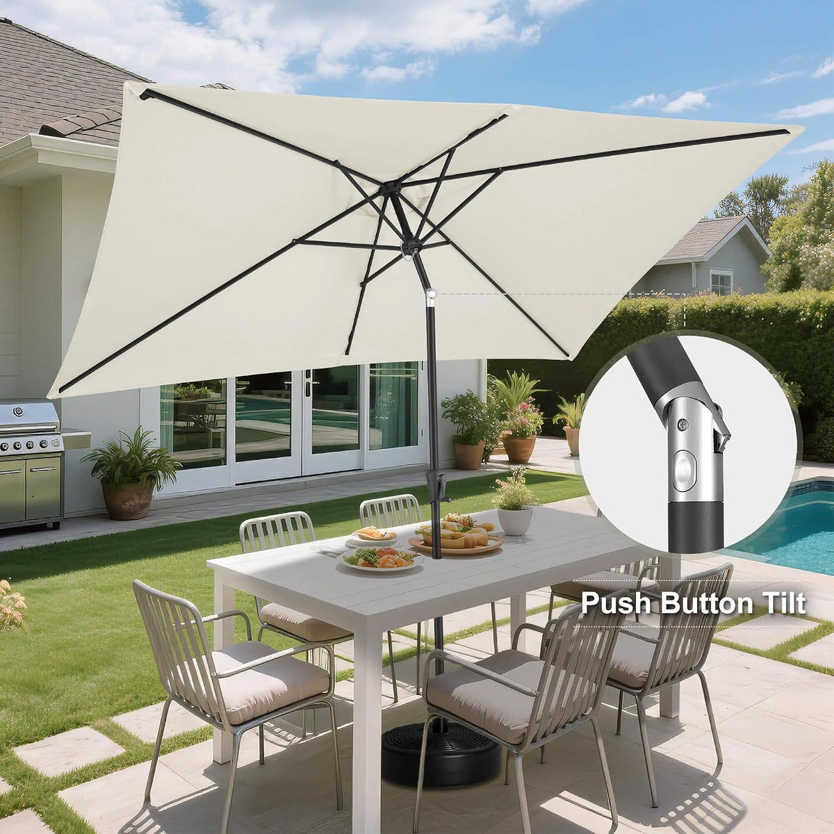 Patio Umbrella Rectangular with Button Tilt, 6.5 x 10ft Ivory | Waterproof UV Protection, Rectangle Porch Deck Umbrella for Pool, Table, Garden, Backyard, Provides Shade