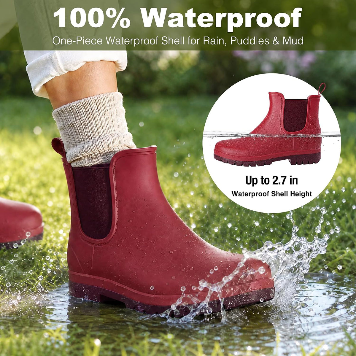 Fashion Short Rain Boots for Women Waterproof Chelsea Ankle Boots | Non-Slip Matte Rubber Boots Lightweight Outdoor Garden Shoes And Work Booties With Arch Support And Removable Comfort Insole