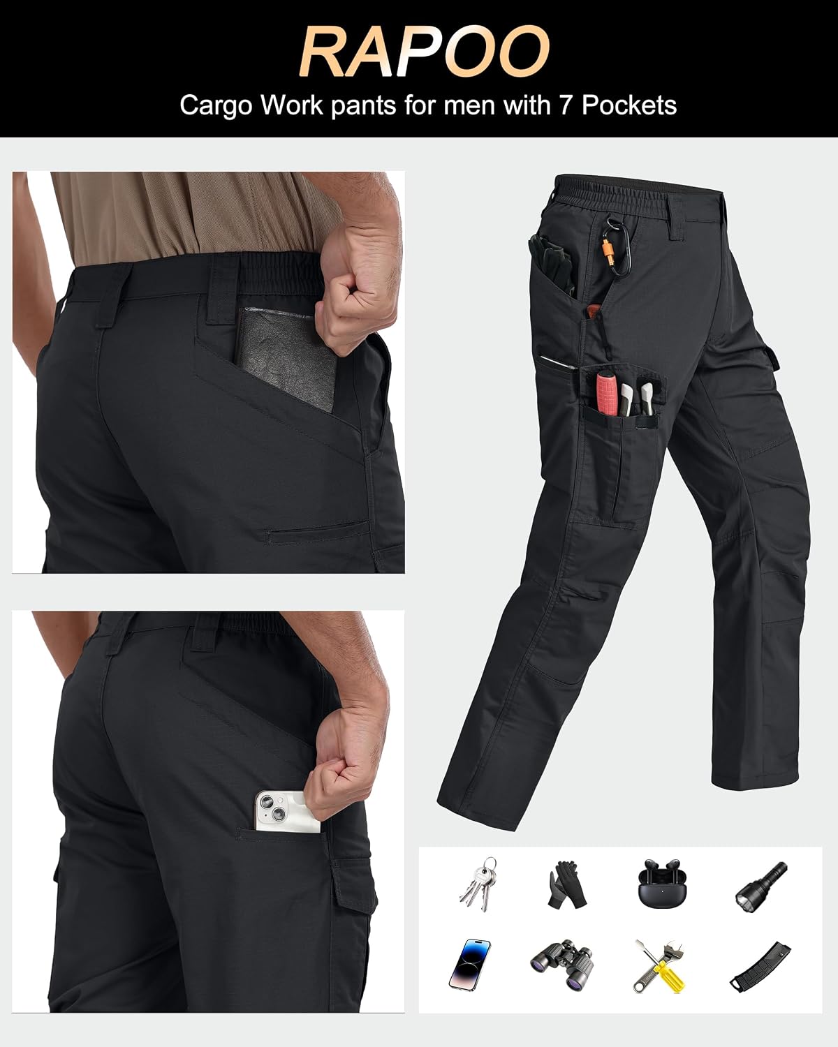 Mens Cargo Pants Ripstop Breathable Tactical Hiking Pants with 7 Pockets | Heavy Duty Multi Pockets Relaxed Fit Breathable Hunting Working Carpenter Construction Water Resistant Waterproof Outdoor