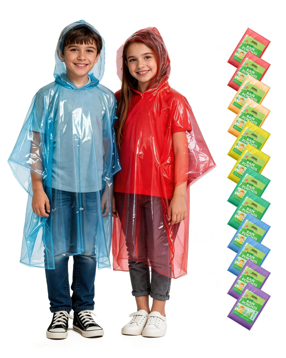 Hitituto Rain Ponchos Family Pack Kids– 6/12/24 Pack Disposable Poncho with Hood, Clear & Assorted Colors, Home Survival Kits