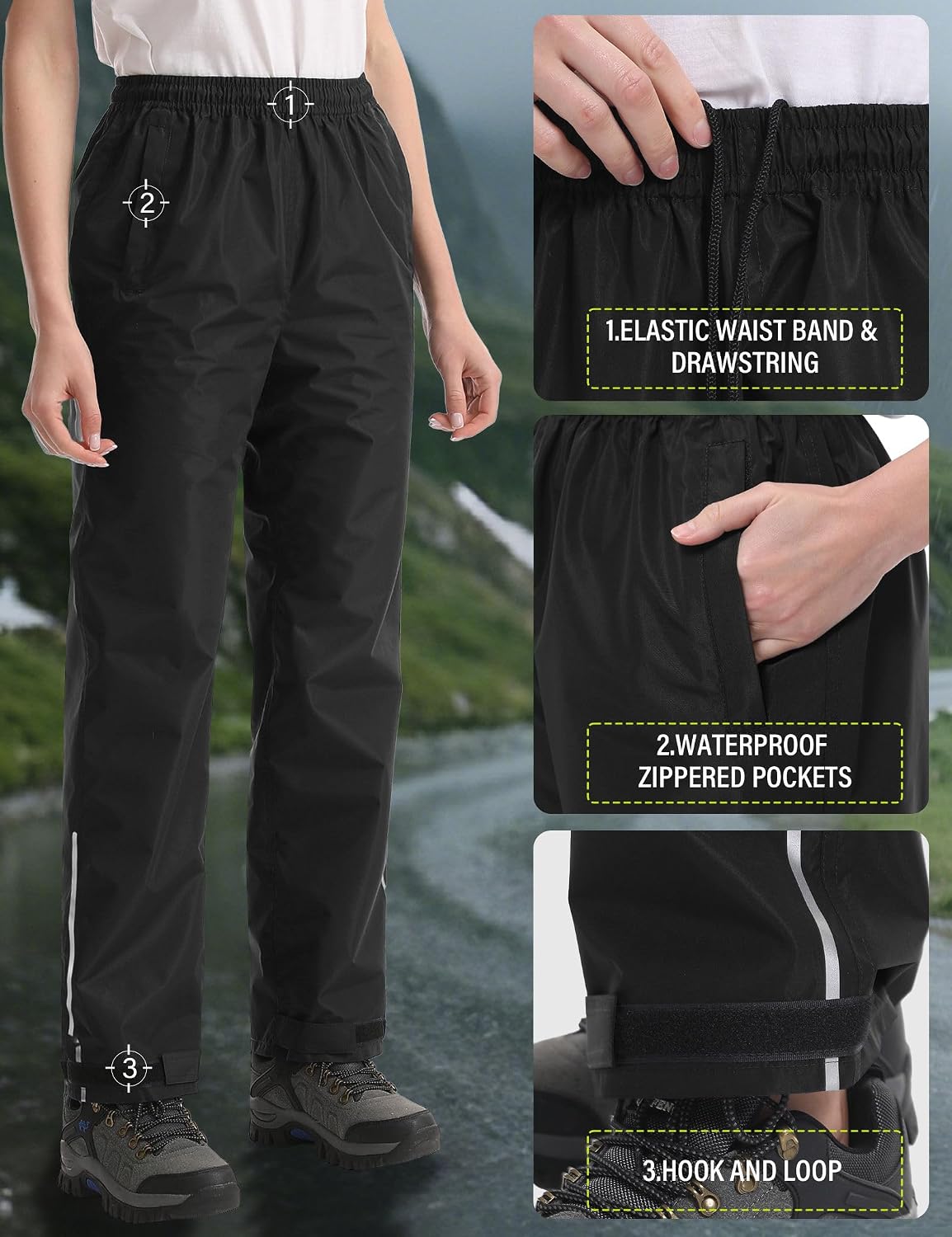 iCreek Women's Rain Pants Packable Waterproof Lightweight Hiking Over Pants | Zipper Pockets, Pants Leg Reflective Strip, Hook & Loop, Storage Pouch, for Hiking, Fishing, Golf, Work, Daily Wear