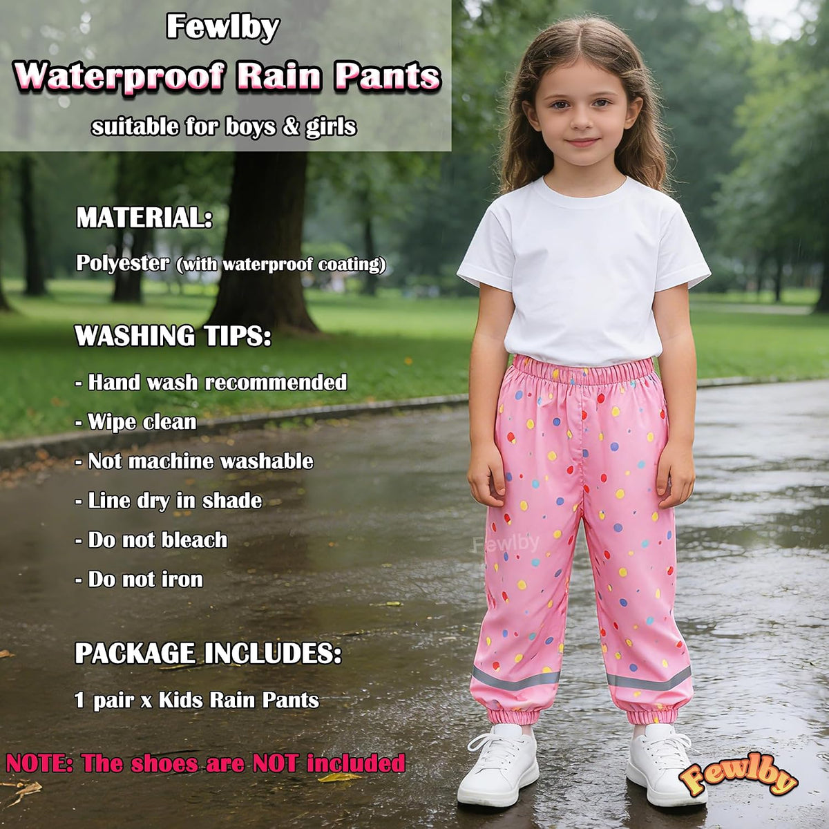 Fewlby Kids Rain Pants Toddler Waterproof Trousers Lightweight for Boys Girls