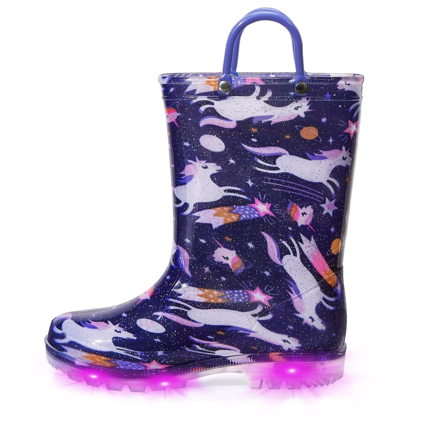 EUXTERPA Toddler Kids Light-Up Rain Boots | Waterproof, Glitter, Cartoon Pattern, Easy-On Handles, LED Flashing Non-Slip Sole, Puddle Play, Outdoor, Children Girls Boys