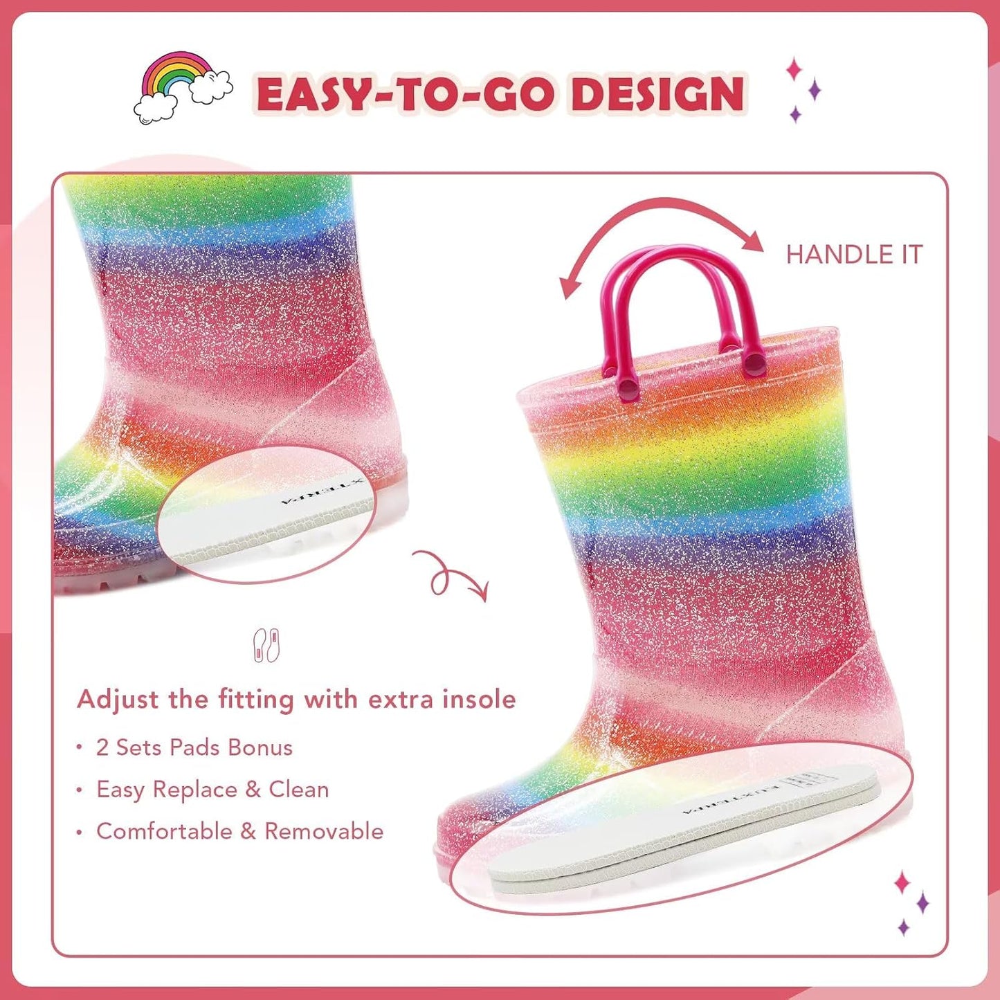 EUXTERPA Toddler Kids Light-Up Rain Boots | Waterproof, Glitter, Cartoon Pattern, Easy-On Handles, LED Flashing Non-Slip Sole, Puddle Play, Outdoor, Children Girls Boys