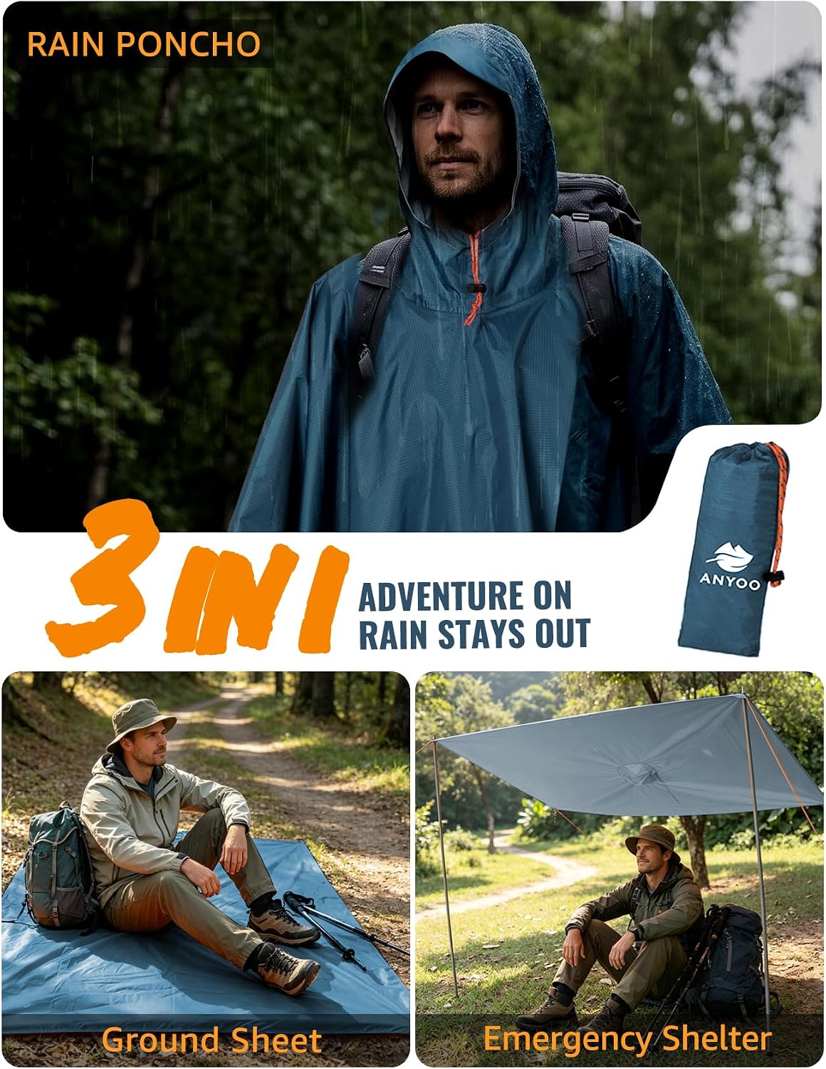 ANYOO Hooded Rain Poncho for Adult Waterproof Lightweight Raincoat | Reusable Rain Jacket for Men Women Portable Pouch & Packable Design,Emergency Travel Rain Ponchos for Outdoor Hiking Camping