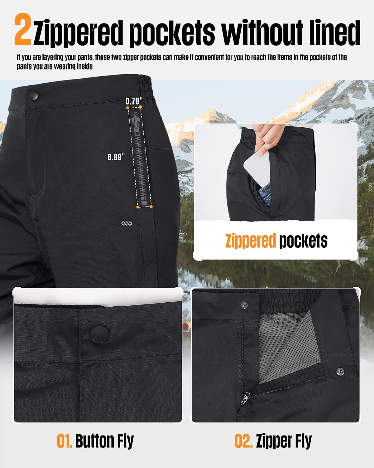 33,000ft Women's Side Zipper Rain Pants Lightweight Rain Over Pants | Waterproof Breathable Windproof Outdoor Pants for Hiking, Fishing, Golf, Reflective Strip, Hook & Loop, Storage Pouch