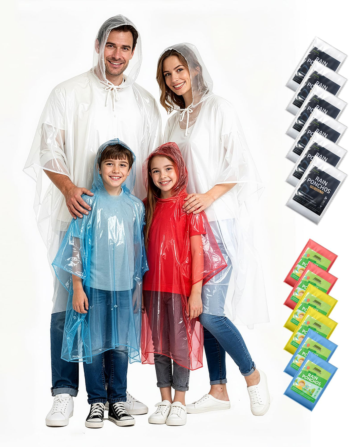 Hitituto Rain Ponchos Family Pack Kids– 6/12/24 Pack Disposable Poncho with Hood, Clear & Assorted Colors, Home Survival Kits