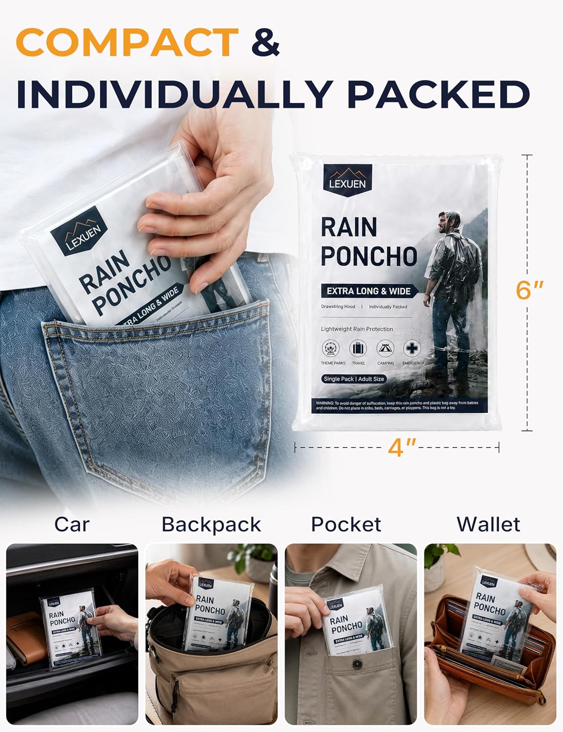 Disposable Rain Ponchos for Adults, Extra Long and Thickened with Drawstring Hood (5 Pack)