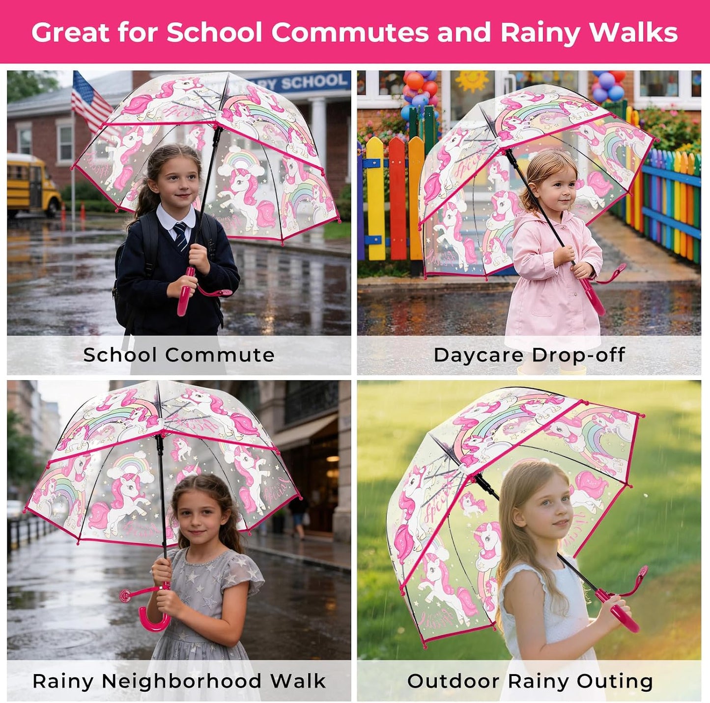 Kids Clear Bubble Umbrella for Rain, Easy Grip, Girls Boys | 39 In Transparent Dome, Windproof, Pinch-Proof Closure, Rounded Tips, Lightweight, School, Travel, Toddler, Rain Gear