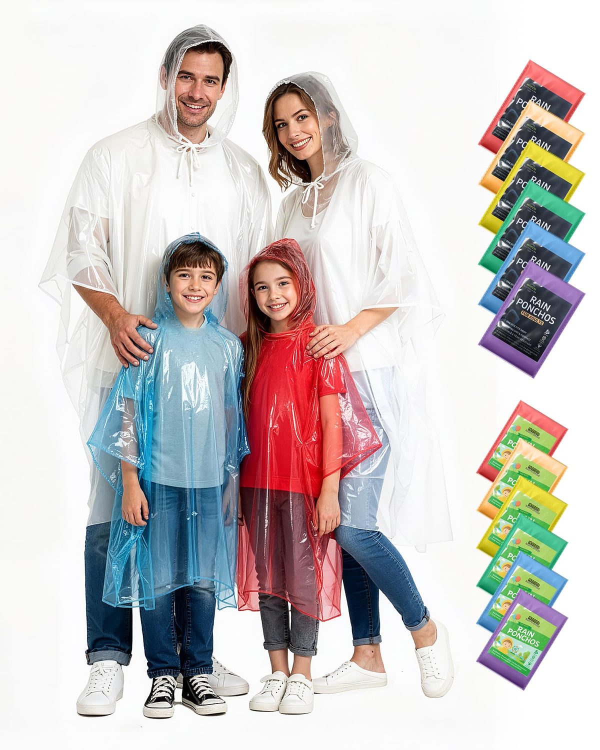 Hitituto Rain Ponchos Family Pack Kids– 6/12/24 Pack Disposable Poncho with Hood, Clear & Assorted Colors, Home Survival Kits