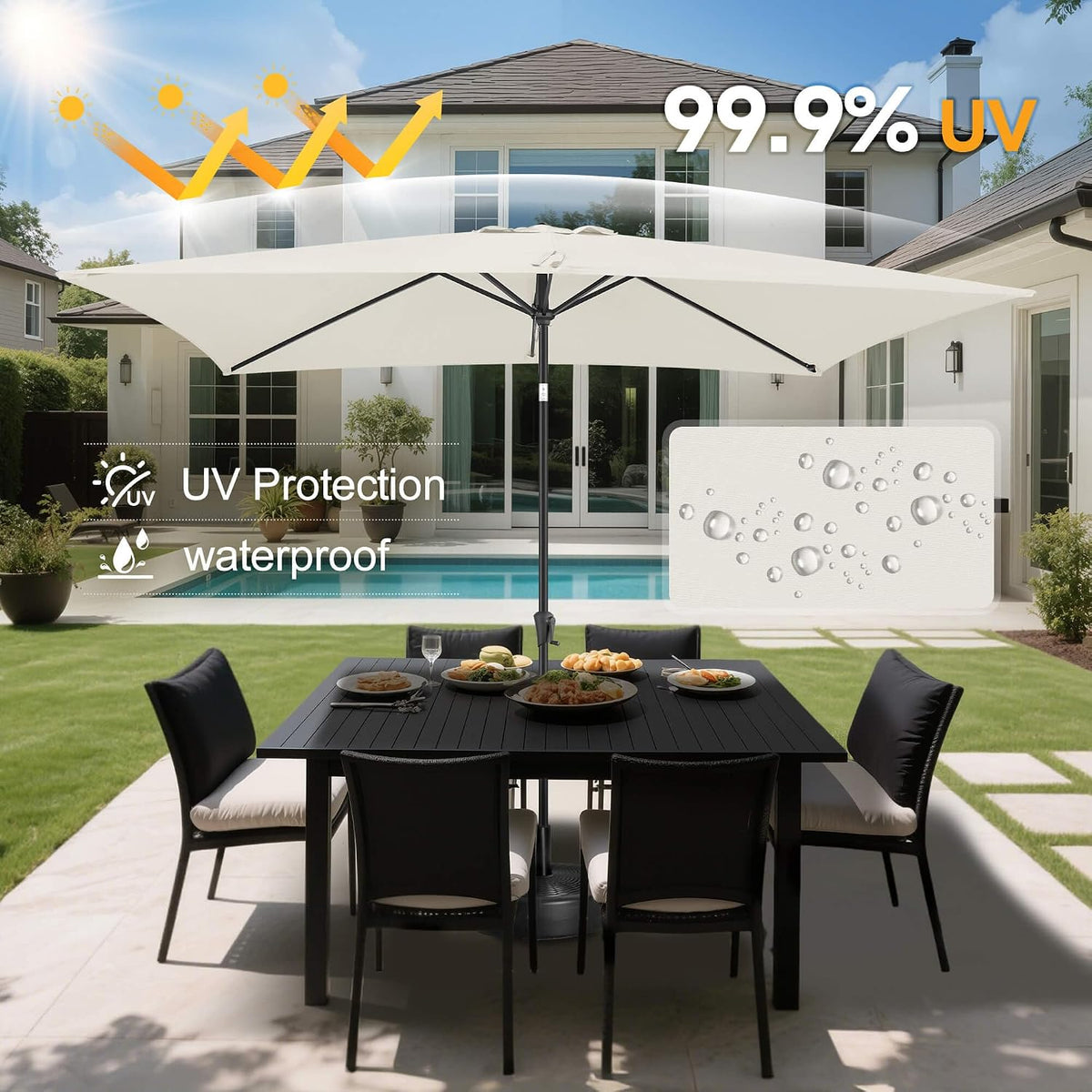 Patio Umbrella Rectangular with Button Tilt, 6.5 x 10ft Ivory | Waterproof UV Protection, Rectangle Porch Deck Umbrella for Pool, Table, Garden, Backyard, Provides Shade