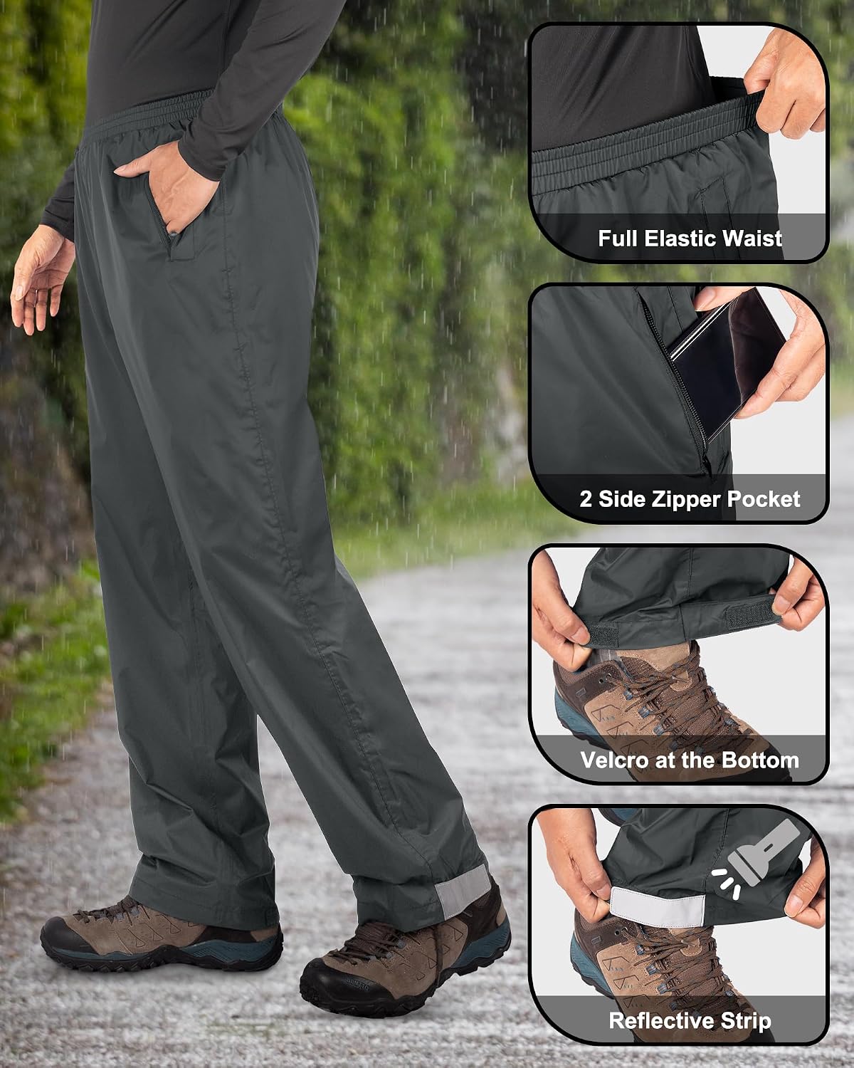 33,000ft Packable Rain Pants for Men Waterproof Lightweight Hiking Pants | Breathable Windproof Rain Over Pants for Golf, Fishing, Work, Zipper Pockets, Reflective Strip, Hook & Loop