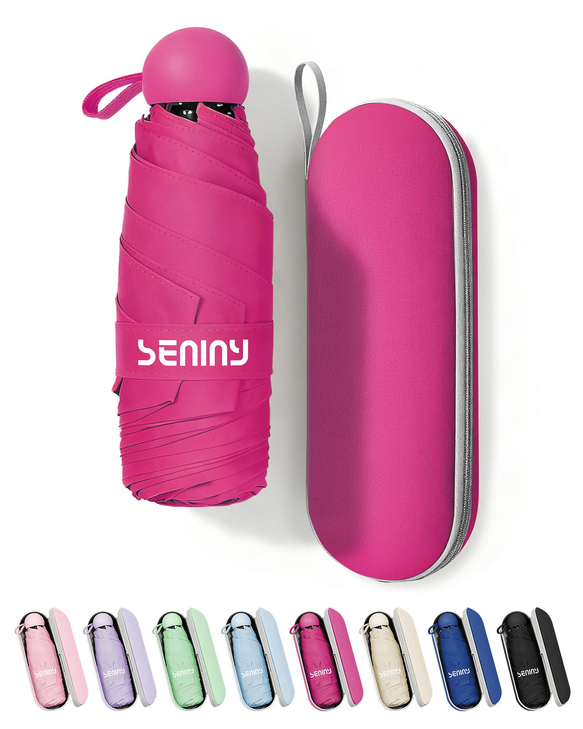 Seniny Mini Travel Umbrella with Case, Compact Pocket Size UV Sun & Rain | Tiny purse size fits pocket, UV protection waterproof fabric, lightweight folding, great for women kids daily travel