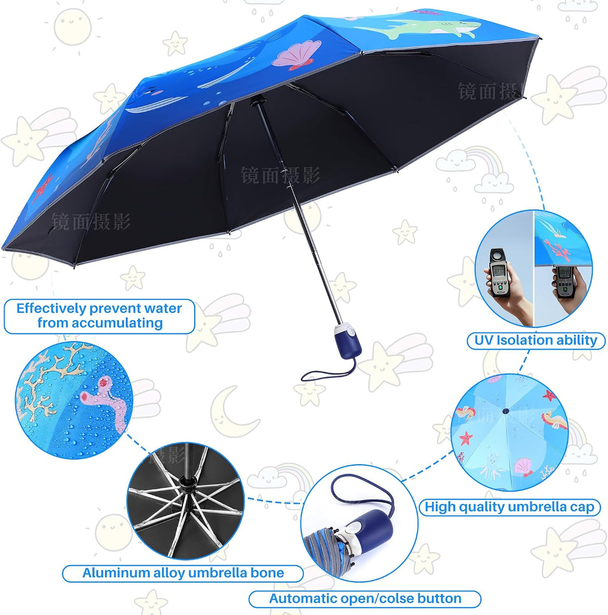 Hannstar Automatic Kids Umbrella, Folding Telescopic Toddler Umbrella for girls & boys, UV/Sun Protection - Strong and Portable - Compact, Durable, Lightweight Cute Kitty Brolly