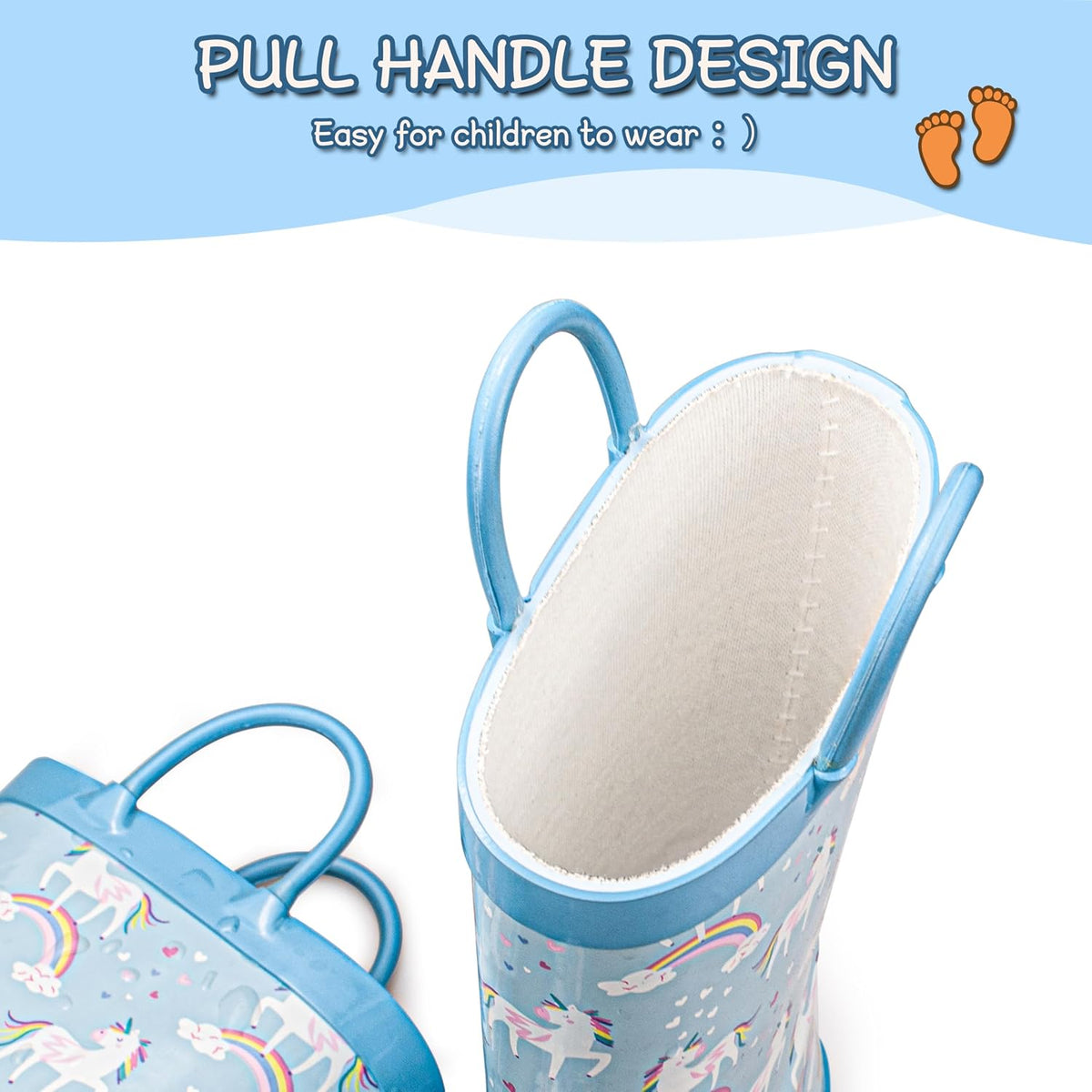 Hbxooxts Kids Rain Boots - Toddler Waterproof Rubber Kids Rain Boots for Girls and Boys with Fun Patterns and Easy-On Handles