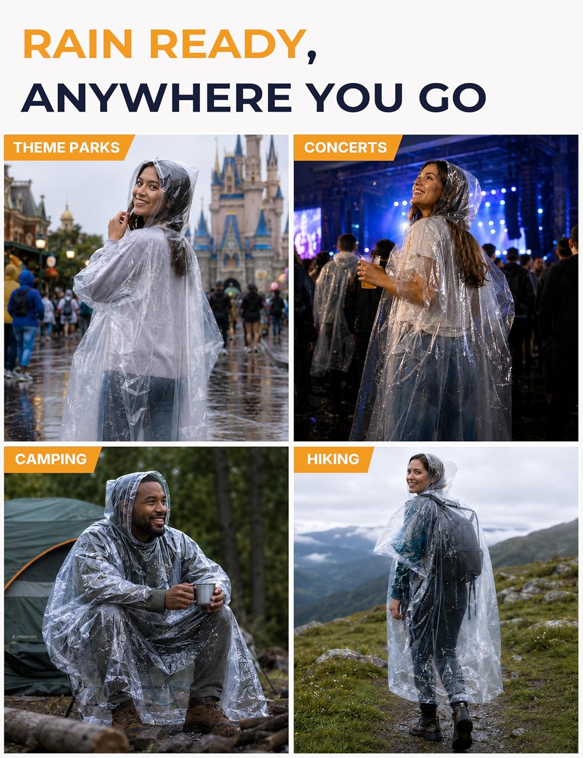 Disposable Rain Ponchos for Adults, Extra Long and Thickened with Drawstring Hood (5 Pack)