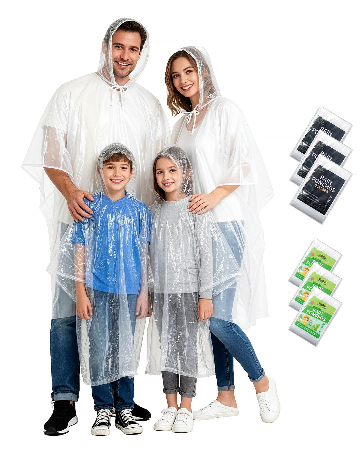 Hitituto Rain Ponchos Family Pack Kids– 6/12/24 Pack Disposable Poncho with Hood, Clear & Assorted Colors, Home Survival Kits