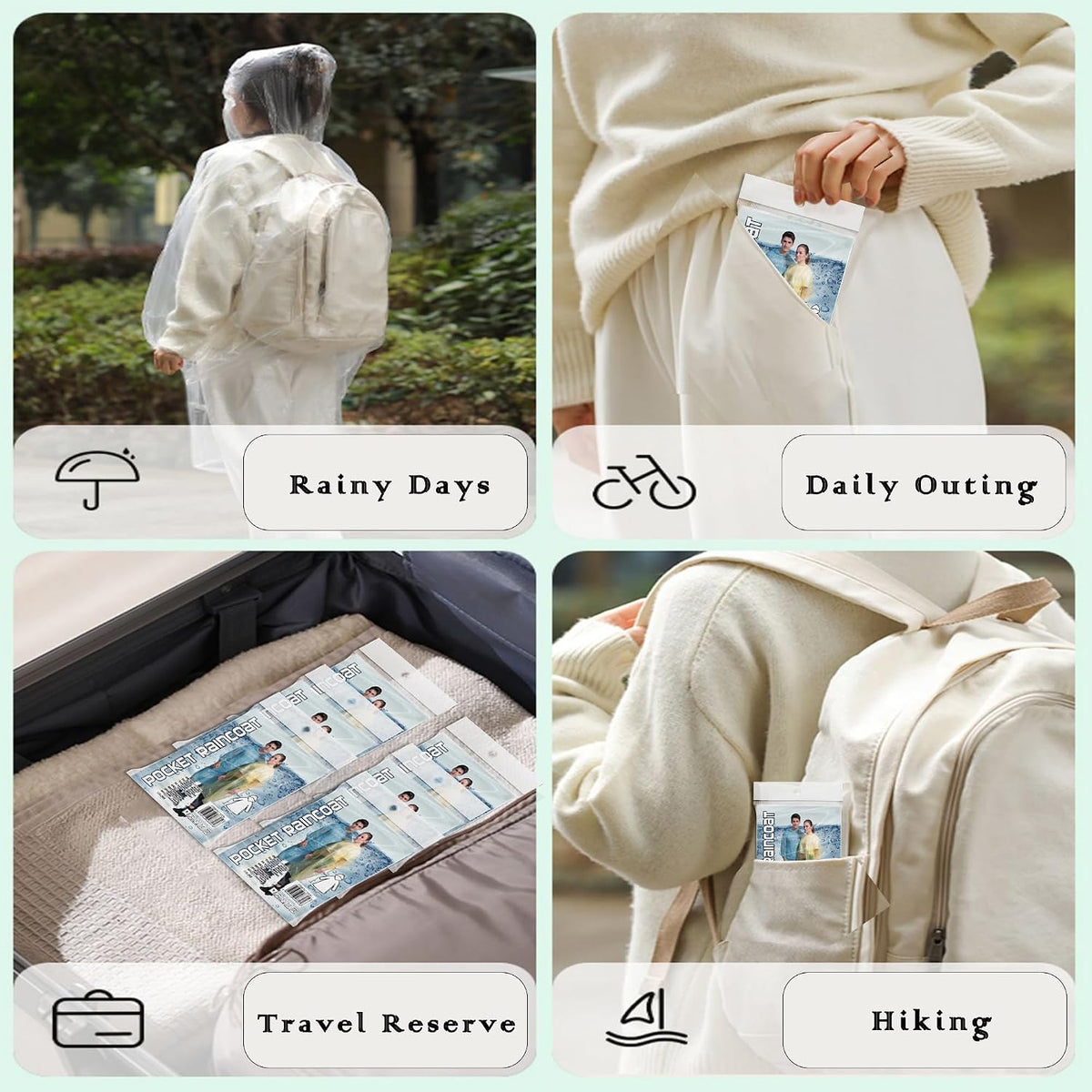 10 Pack Disposable Rain Ponchos for Adults, Card-Sized Emergency Ponchos Family Pack with Hood for Travel