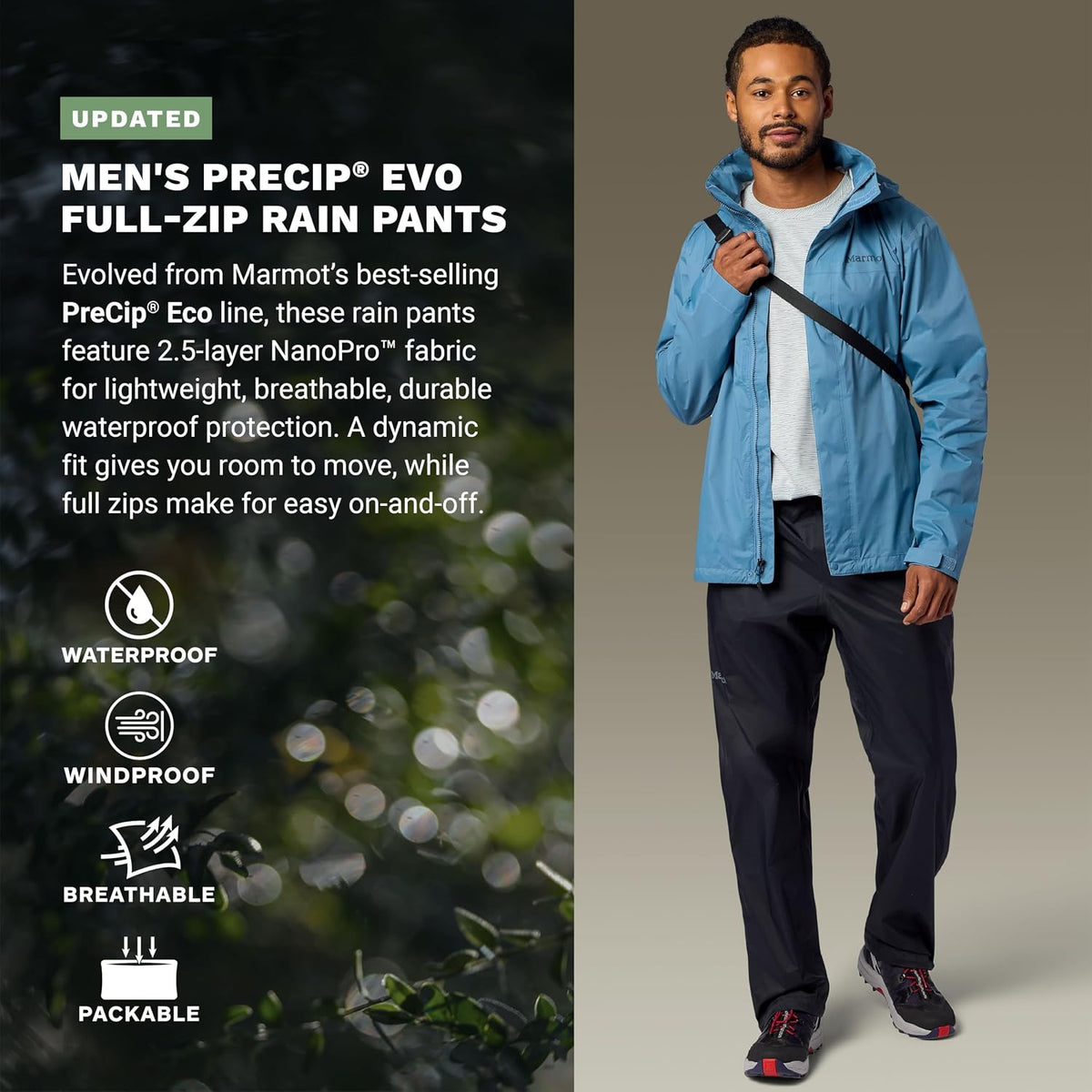 MARMOT Men's PreCip Evo Full Zip Rain Pant, Black, Large