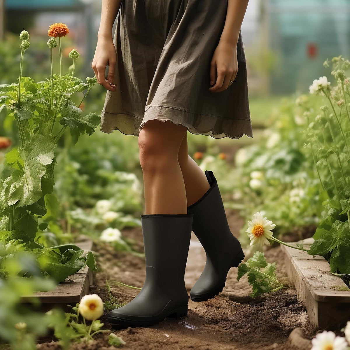 HISEA Women Rubber Boots Wide Calf Rain Boots | Seamless Matte Surface Waterproof PVC Rubber Rain Shoes for Farm Barn Garden Outdoor Work