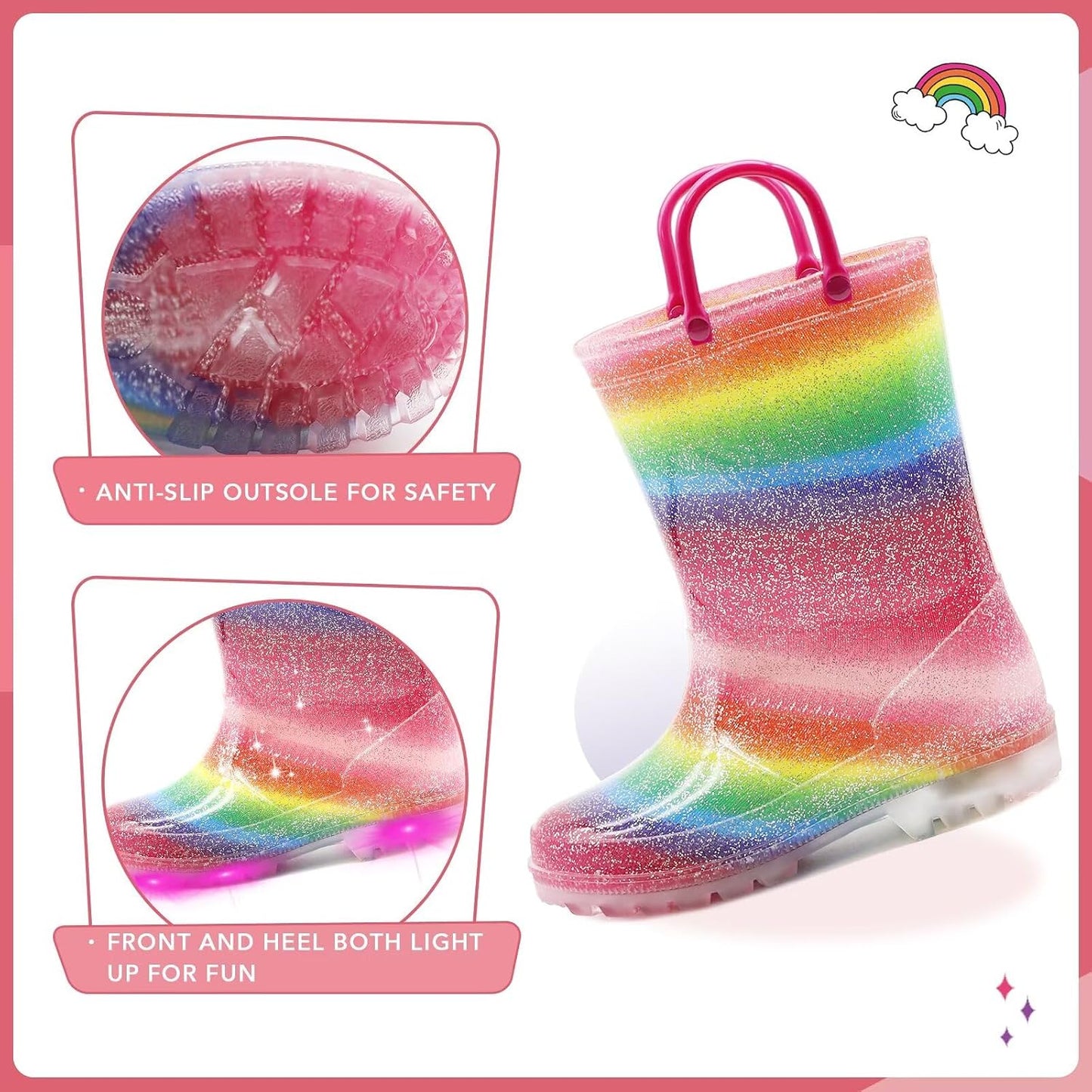 EUXTERPA Toddler Kids Light-Up Rain Boots | Waterproof, Glitter, Cartoon Pattern, Easy-On Handles, LED Flashing Non-Slip Sole, Puddle Play, Outdoor, Children Girls Boys