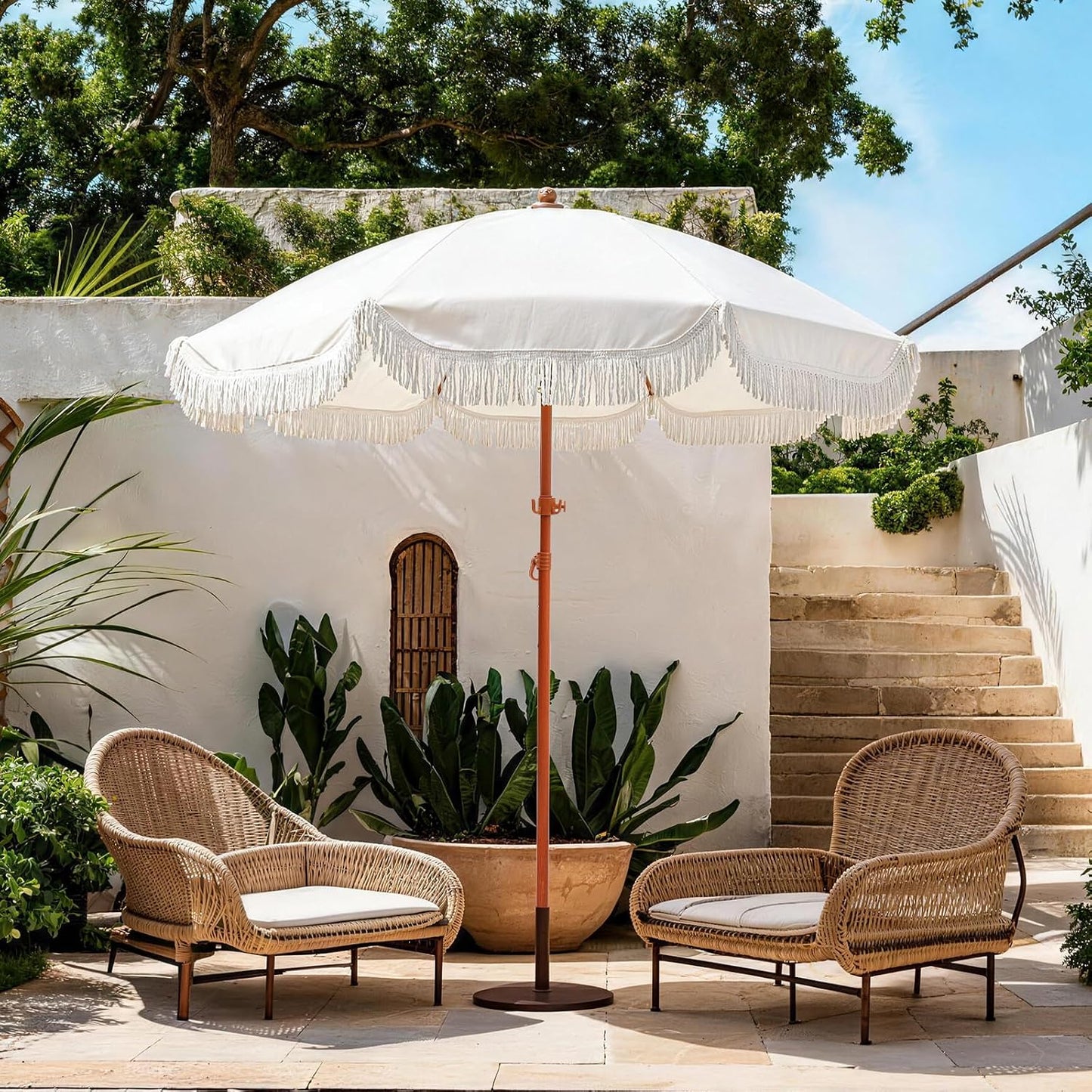 Jihfmo 7.3ft Cream/White Boho Fringe Beach Umbrella, 8mm Ribs, Sand Anchor | UPF 50+ 160G Polyester, Zinc Alloy Tilt 30°, Windproof Cotton Fringe — Perfect for Beach, Patio, Garden & Outdoor Weddings