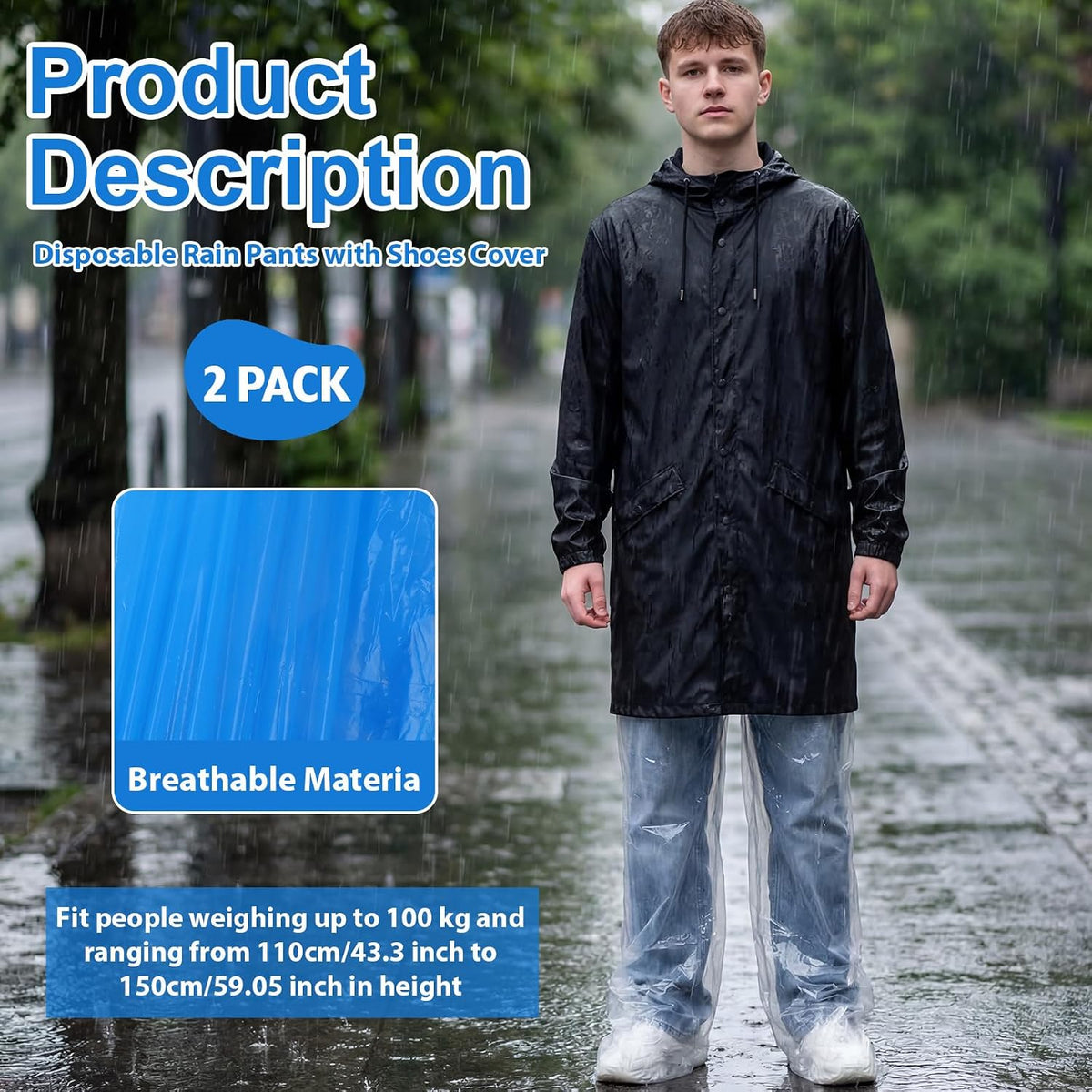 2 Pcs Disposable Rain Pants, Unisex Adult Long Tube Rain Pant with Shoe Cover Waterproof Thickened Long Pant Boot Covers for Outdoor Activities Fishing Travel Cycling (White, Blue)