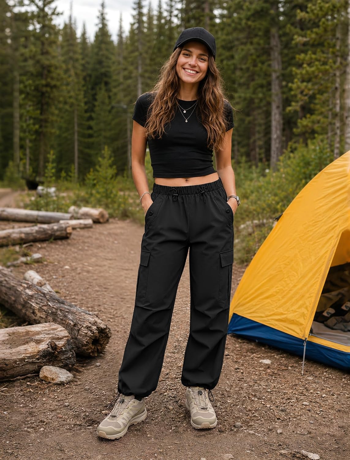 COPYLEAF Cargo Pants Women Parachute Baggy Hiking Pants with Pockets Travel | Water Resistant, Quick Dry, Lightweight, 4 Utility Pockets, Adjustable Waist & Cuffs for Camping Outdoor Casual Fishing