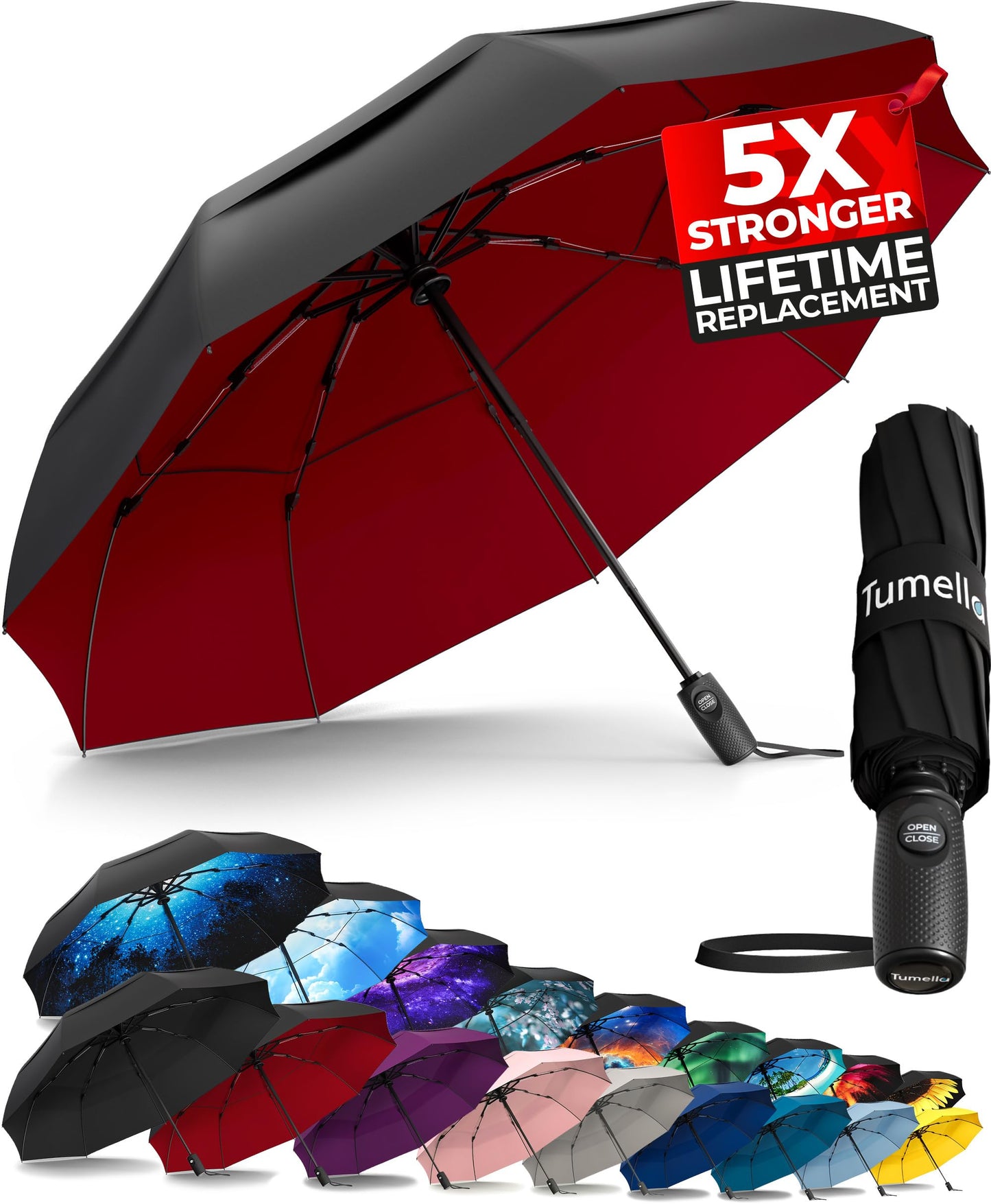 Strongest Windproof Travel Umbrella (Compact, 100MPH Wind-Tested), Light, Portable, One-Handed Use, Automatic Folding Rain Umbrella, Durable, Premium Grip, Fits Car & Backpack