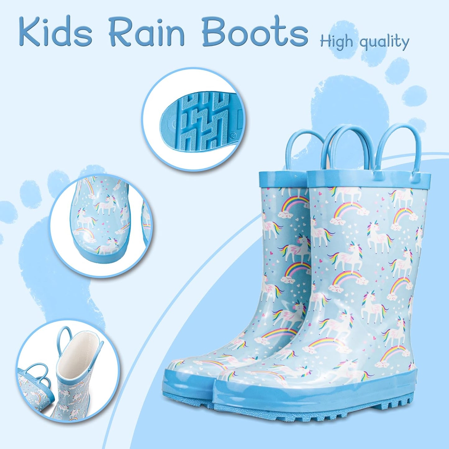 Hbxooxts Kids Rain Boots - Toddler Waterproof Rubber Kids Rain Boots for Girls and Boys with Fun Patterns and Easy-On Handles