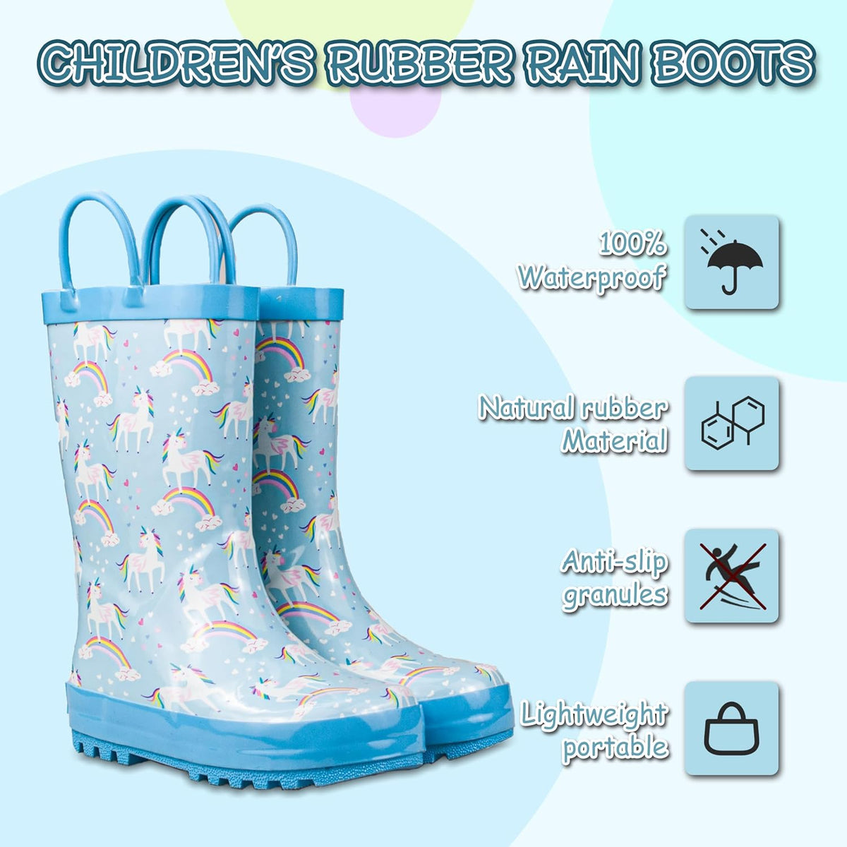 Hbxooxts Kids Rain Boots - Toddler Waterproof Rubber Kids Rain Boots for Girls and Boys with Fun Patterns and Easy-On Handles