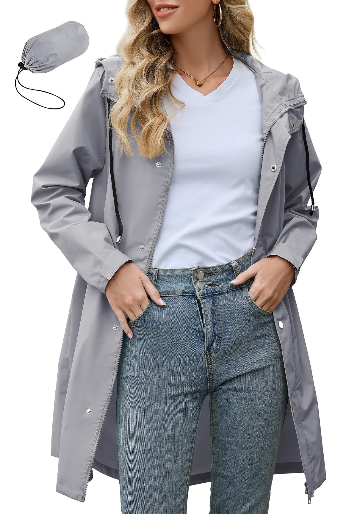 Zando Long Packable Rain Jacket Women Waterproof Raincoat with Hood | Relaxed-Fit Lightweight Windbreaker for Women; Travel Rain Coats for Commute, Hiking, Cruise, and Daily wear