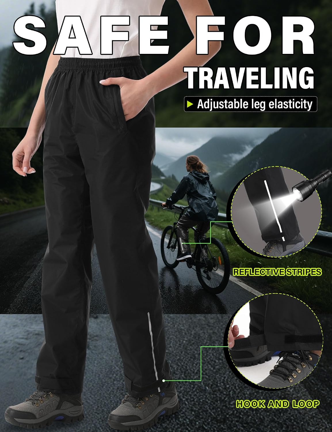 iCreek Women's Rain Pants Packable Waterproof Lightweight Hiking Over Pants | Zipper Pockets, Pants Leg Reflective Strip, Hook & Loop, Storage Pouch, for Hiking, Fishing, Golf, Work, Daily Wear