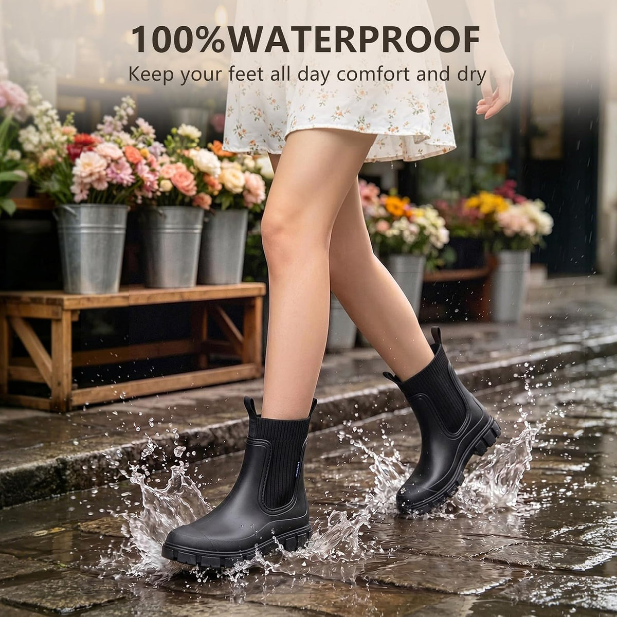 XZV Rain Boots Women Short Ankle Chelsea Boots | Womens Rubber Garden Shoes, Fashion Work Booties, Waterproof, Lightweight, Non Slip, Slip On