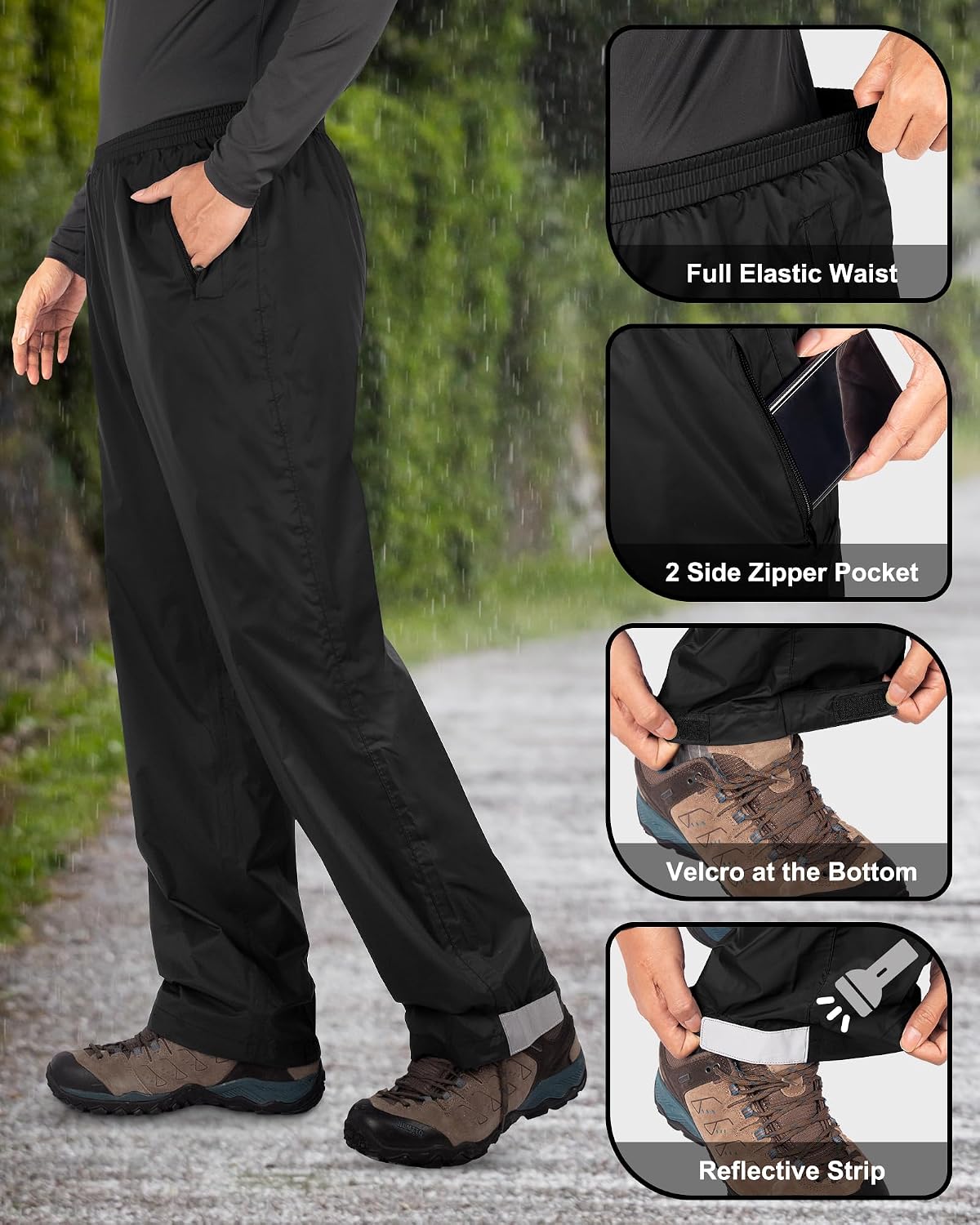 33,000ft Packable Rain Pants for Men Waterproof Lightweight Hiking Pants | Breathable Windproof Rain Over Pants for Golf, Fishing, Work, Zipper Pockets, Reflective Strip, Hook & Loop