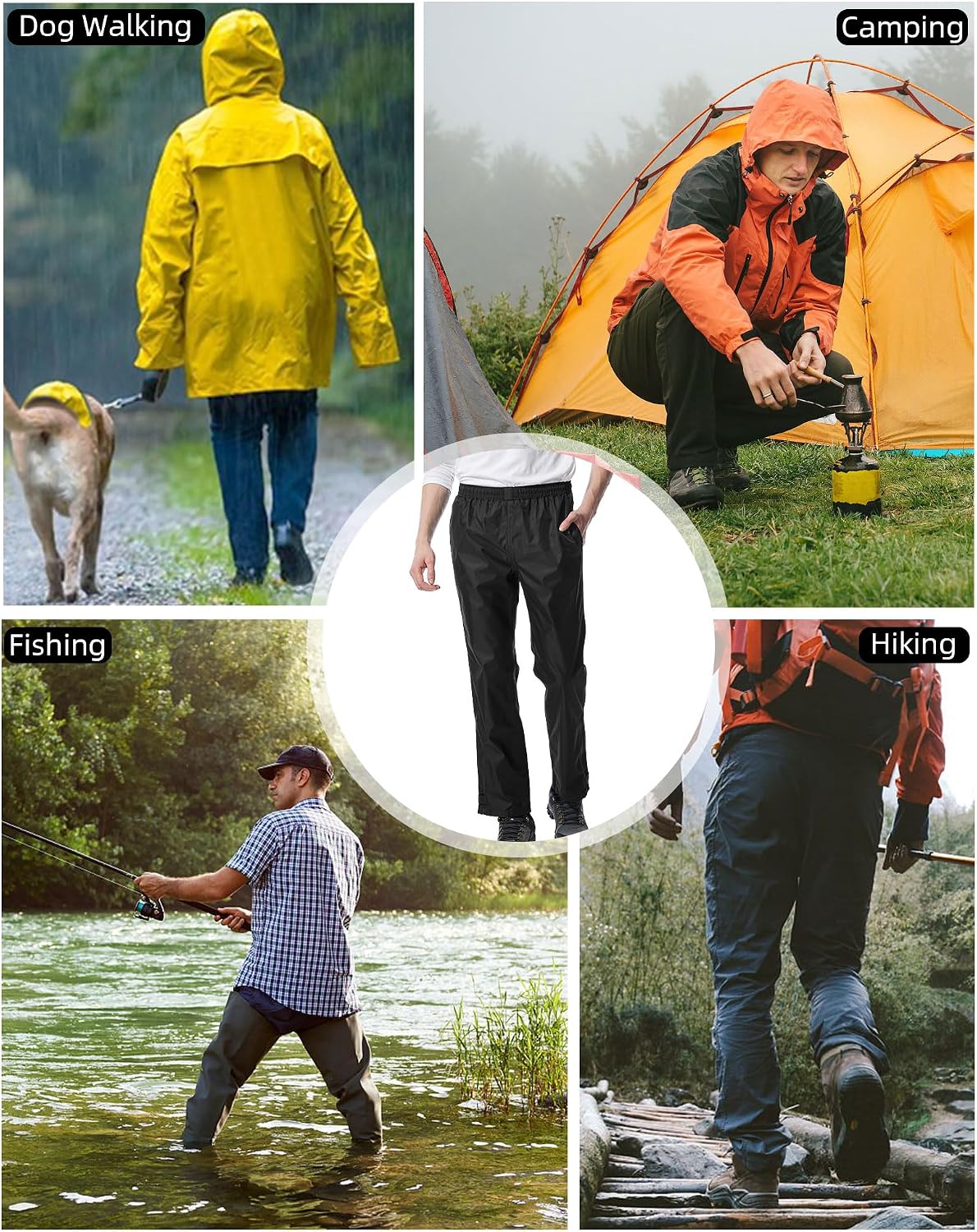 iCreek Men's Rain Pants Waterproof Breathable Lightweight Rain Over Pants | Windproof, Mesh Lining, Pants Leg Zipper, Hook & Loop, Suitable for Hiking, Fishing, Golf, Work and Daily Wear