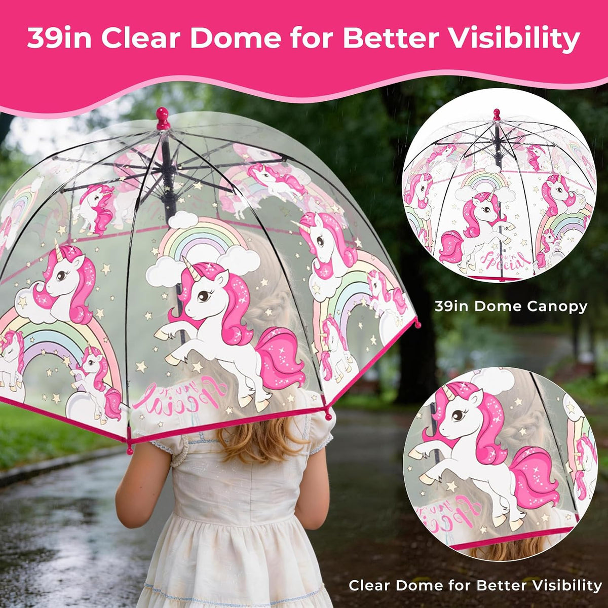 Kids Clear Bubble Umbrella for Rain, Easy Grip, Girls Boys | 39 In Transparent Dome, Windproof, Pinch-Proof Closure, Rounded Tips, Lightweight, School, Travel, Toddler, Rain Gear