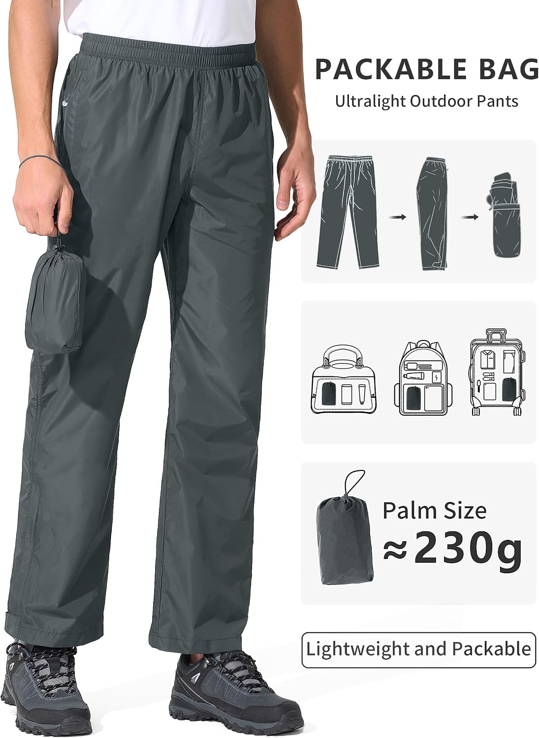 UIQUR Mens Rain Pants Waterproof Hiking Pants | Lightweight Packable Half Leg Zip Pant Cuffs for Hiking, Cycling, Running, Fishing ,Golf,Rainy-day work