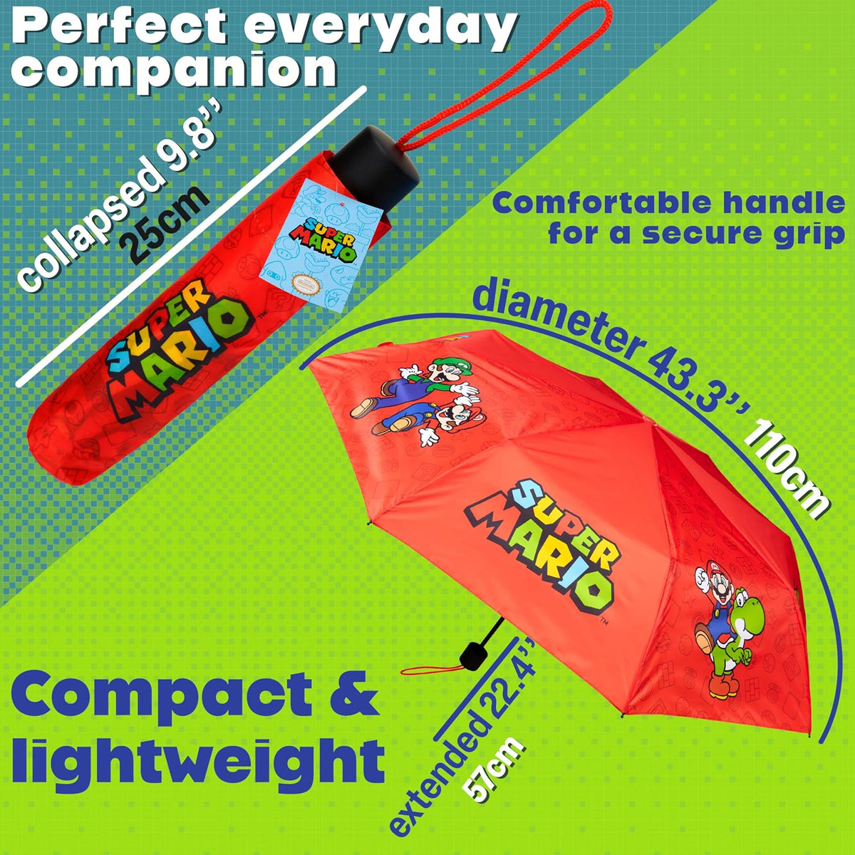 Get Trend Super Mario One Piece Hello Kitty Kids Windproof Travel Umbrella | Strong Folding Compact Umbrellas for Rain, Lightweight, Portable Kids Travel Essentials, Fits Backpack & Car, Gifts for Boys