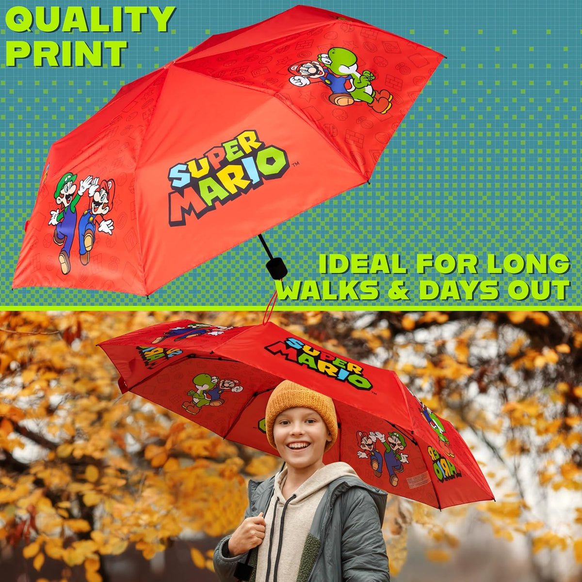 Get Trend Super Mario One Piece Hello Kitty Kids Windproof Travel Umbrella | Strong Folding Compact Umbrellas for Rain, Lightweight, Portable Kids Travel Essentials, Fits Backpack & Car, Gifts for Boys