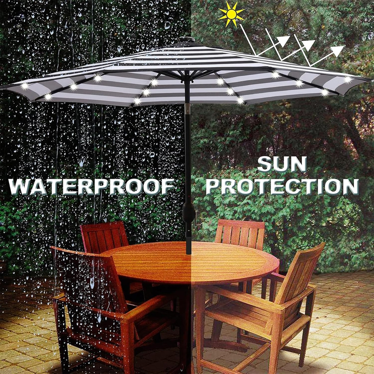 9 ft Solar Umbrella 32 LED Lighted Patio Umbrella Table Market Umbrella with Tilt and Crank Outdoor Umbrella for Garden, Deck, Backyard, Pool and Beach (Black and White)