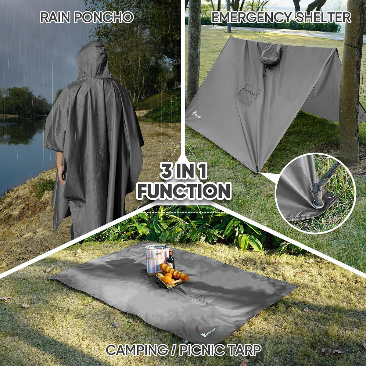 PTEROMY 3-in-1 Hooded Rain Poncho for Adult with Pocket, Waterproof Lightweight Unisex Raincoat for Hiking Camping Emergency