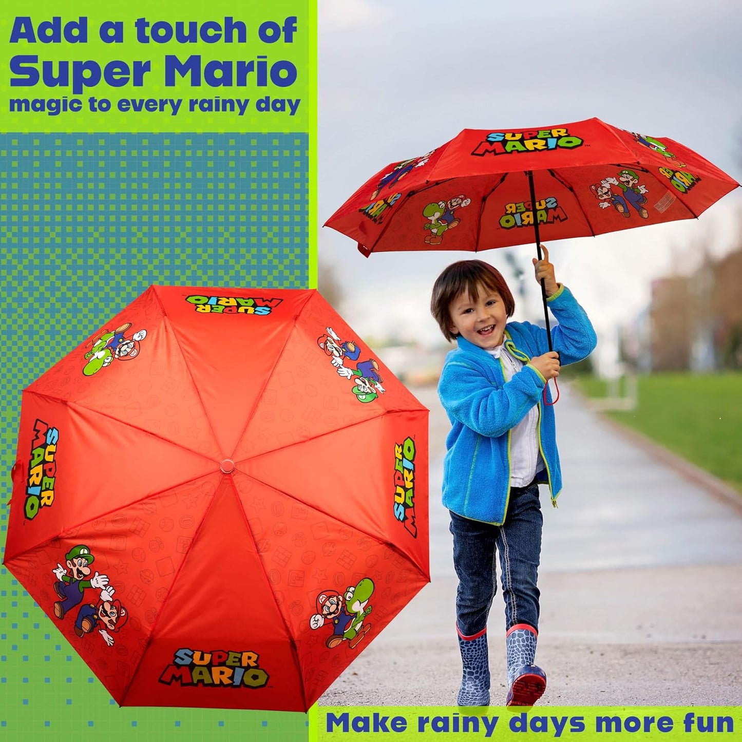 Get Trend Super Mario One Piece Hello Kitty Kids Windproof Travel Umbrella | Strong Folding Compact Umbrellas for Rain, Lightweight, Portable Kids Travel Essentials, Fits Backpack & Car, Gifts for Boys