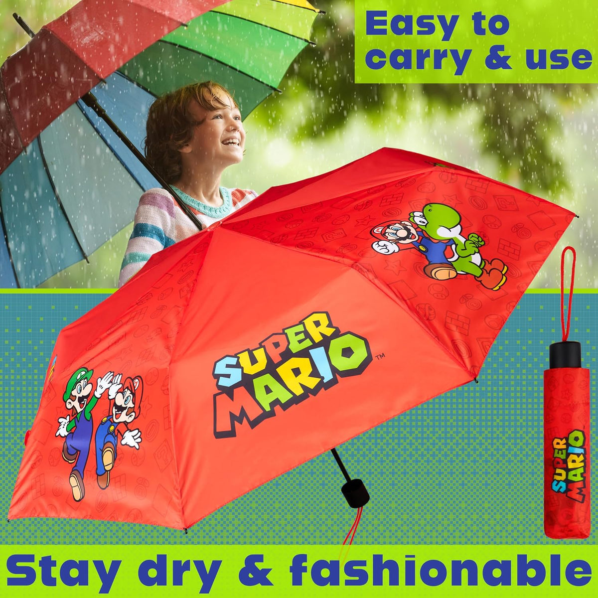 Get Trend Super Mario One Piece Hello Kitty Kids Windproof Travel Umbrella | Strong Folding Compact Umbrellas for Rain, Lightweight, Portable Kids Travel Essentials, Fits Backpack & Car, Gifts for Boys
